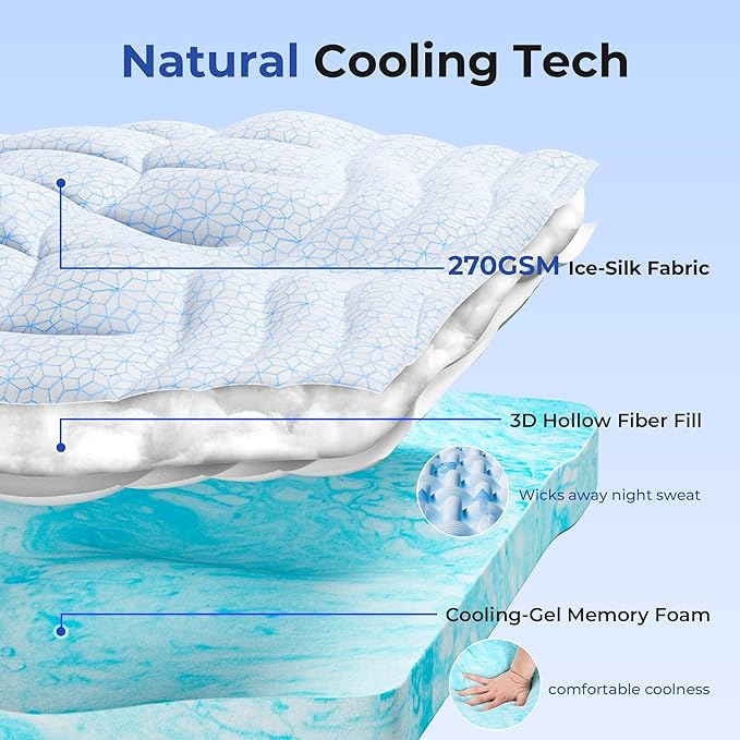 HOMRELEXA Dual Layer 4 Inch Cooling Memory Foam Mattress Topper Twin XL Size, 2 Inch Thick Soft Quilted Ice Silk Pillow Top Cover Plus 2 Inch Gel Memory Foam Mattress Pad for Back Pain Relief