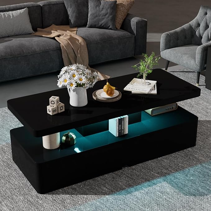 40" Modern Living Room Tables, LED Coffee Table with LED Lights, 2 Tier Rectangular Center Table with Large Storage, High Glossy Surface, Tea Table for Living Room, Black