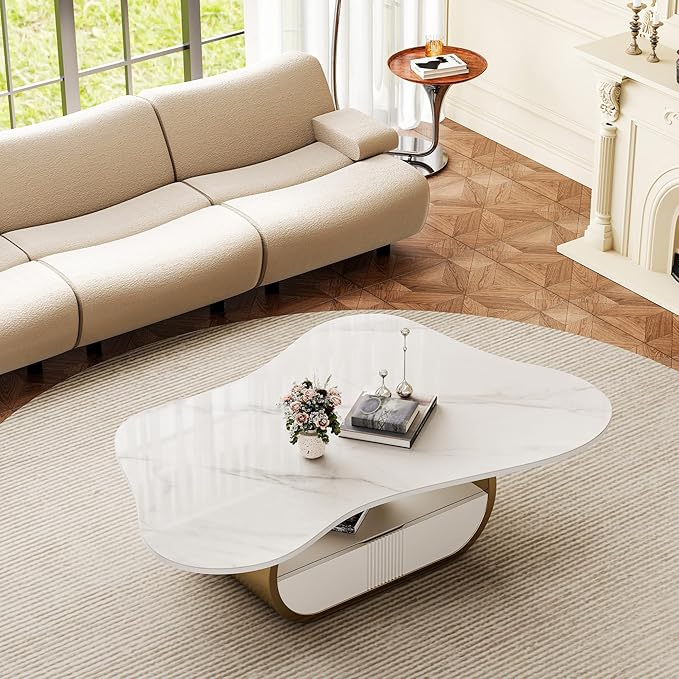 41.7 Inch Marble Coffee Table with Storage Drawer, Modern Butterfly Design, Sintered Stone Top and Gold Stainless Steel Base for Living Room, Scratch Resistant and Easy Assembly