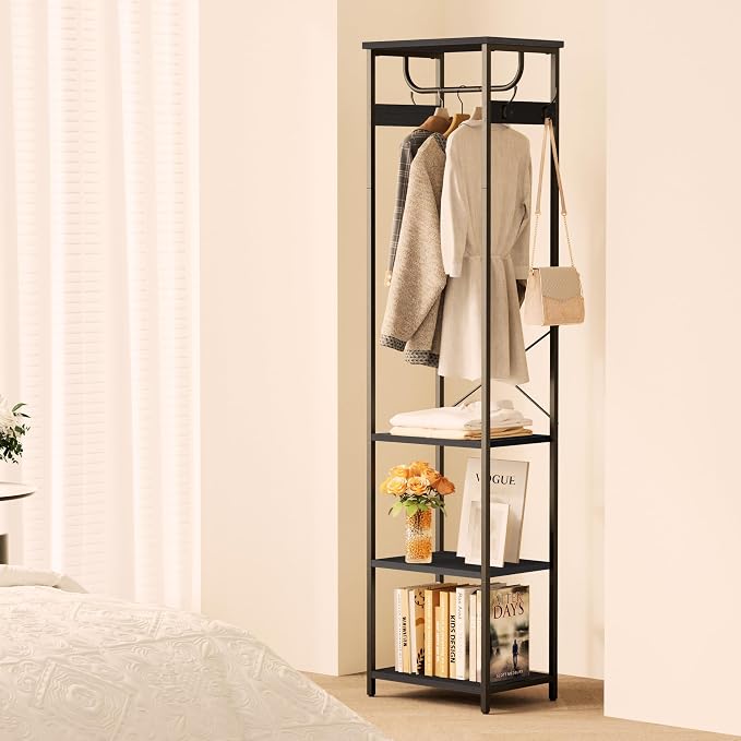 Coat Rack With Hanging Rod, Garment Rack With 3 Wooden Shelves and 4 Hooks, Freestanding Hall Tree, Industrial Clothes Rack Stand Organizer, Black - Image 2