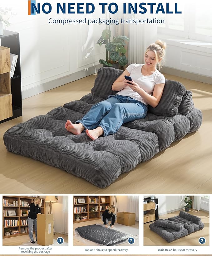 Folding Sofa Bed with Back Support, Convertible Sleeper Chair with Pilow Foldable Matress, Portable Fold Out Chair Bed Comfy Floor Sofa Lounge for Living Room Bedroom, Grey, Double