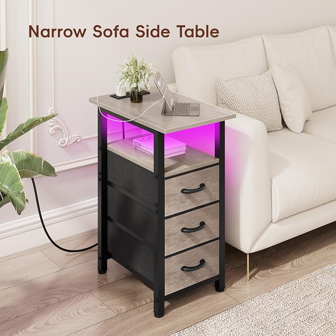 Vagusicc Set of 2 Nightstand with Charging Station and LED Lights, Narrow End Table, LED Night Stand with 3 Fabric Drawers for Bedroom, Small Bedside Table, Narrow Side Table for Small Spaces, Greige - Image 6