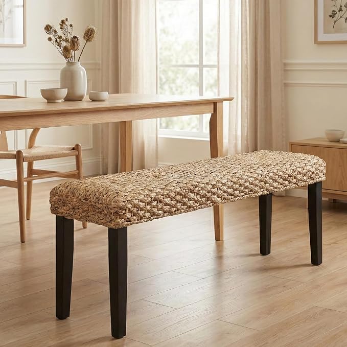 Solid Wood Acacia Indoor Bench with Natural Woven Seat, Boho Bench Entryway, Wood Bench for Living Room, Wooden Bench for Bedroom, Farmhouse Entryway Bench, Dining Benches (Black, Water Hyacinth) - Image 3