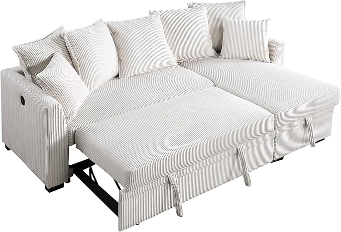 Modern Living Room Corner Convertible Sofabed Corduroy Upholstered Reversible Sleeper Sectional Sofa with 7 Pillow and USB Ports, L-Shaped Pull Out Sleep Couch Bed W/Reversible Storage Chaise Daybed