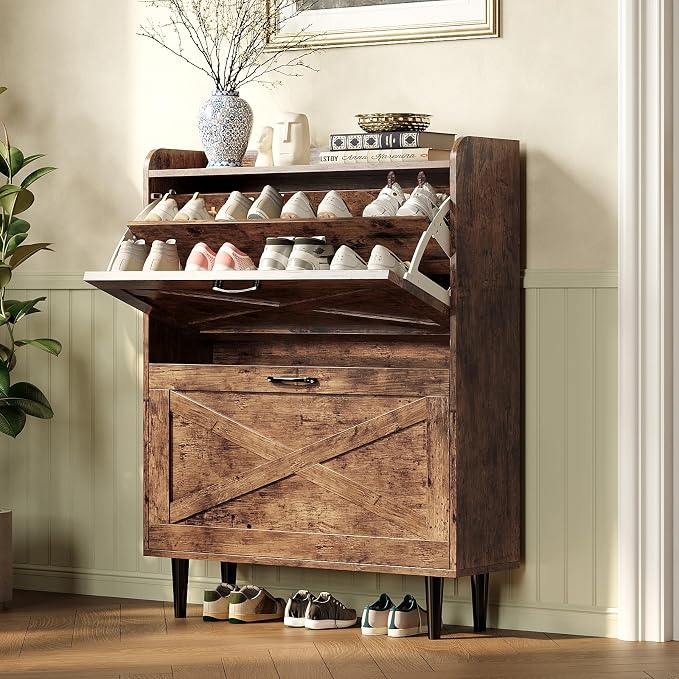 VINGLI Shoe Storage Cabinet for Entryway with 2 Flip Drawers, Ultra Slim Freestanding Entryway Shoe Organizer with Wood Tapered Legs,Hidden Closed Shoe Rack,31.6" W * 9.4" D * 39.4" H, Rustic Brown by VINGLI