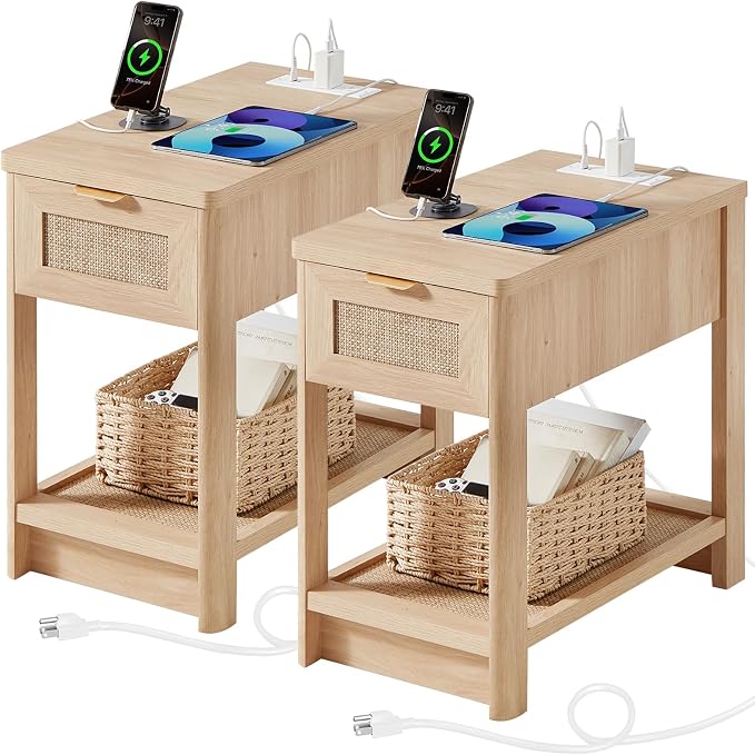 Lerliuo Rattan Night Stand Set of 2, Narrow Nightstand with Charger Station, Boho Bed Side End Table with Drawer Rattan Shelf for Small Spaces, Natural Wood Bedside Tables for Living Room Bedroom by Lerliuo