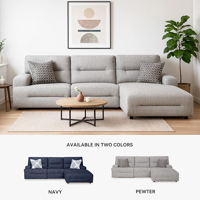 Signature Design by Ashley Acklen Place Stain Resistant Modern L-Shaped Right-Arm Facing 3-Piece Power Reclining Sectional with Adjustable Headrest, USB Ports and 2 Accent Pillows, Light Gray