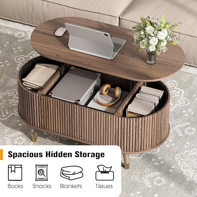Oval Coffee Table with Storage, 42.5” Fluted Coffee Table with Lifting Top & Solid Wood Legs, Modern Lift Up Center Table for Living Room, Home Office, Walnut