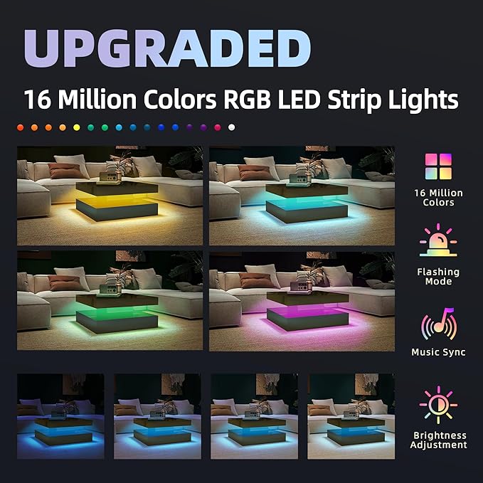 LED Coffee Table for Living Room, 2-Tier Modern Square Center Table with Music Sync Lights, High Gloss Surface, 30 3/4" x 30 3/4" (Black)