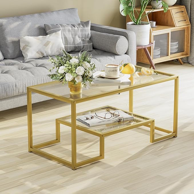 Coffee Table Gold Glass Coffee Table for Living Room,2 Tiers Rectangle Center Table with Sturdy Metal Frame,Modern Tempered Glass Accent Table for Bedroom Home Office