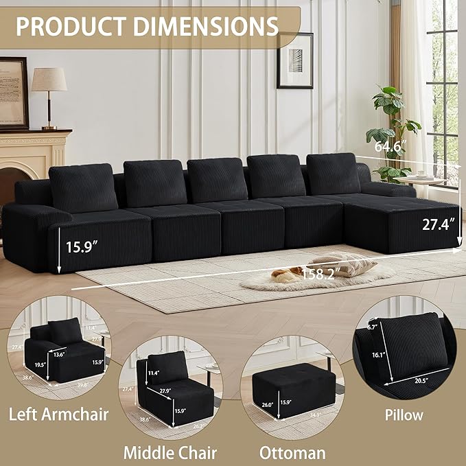 158.2'' Modular Sectional Sofa with Movable Ottoman, 5 Seat Deep Seat Couch with 5 Pillows, Comfy Cloud Sectional Sofa for Living Room, Bedroom (Black, 1 Left+1 Right+3 Middle+1 Ottoman)