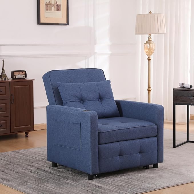 Ball & Cast 3 in 1 Sleeper Sofa Bed,Convertible Pull Out Couch with USB Ports and Side Pocket,Single Sofa Chair W/Adjustable Backrest,Futon Chaise Lounge for Living Room,Apartment,Blue,31"