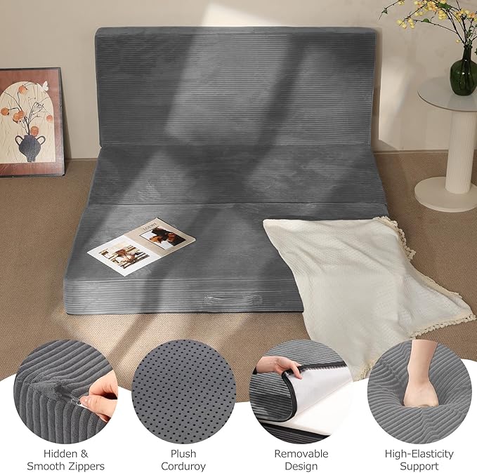 6-Inch Tri-Folding Mattress Single Size - Foldable Futon Sofa Bed with Removable Washable Cover, Folding Futon Mattress | Non-Slip Bottom & Carry Handles for Guest, Camping, Dorm