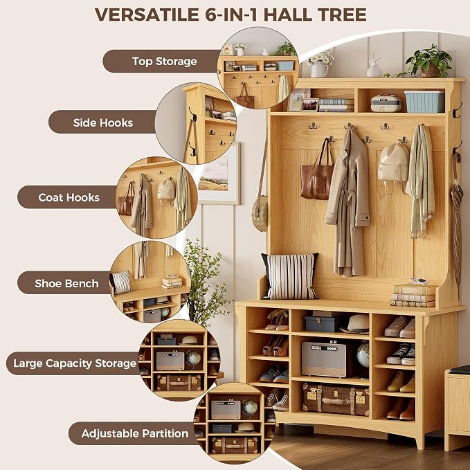 IRONCK Hall Tree with Bench and Shoe Storage, 6-in-1 Entryway Bench with Coat Rack, Adjustable Shelf, Hanging Hooks, 11 Shoe Cubbies, 2-Tier Top Storage, for Entryway, Bedroom, Living Room, Oak - Image 3