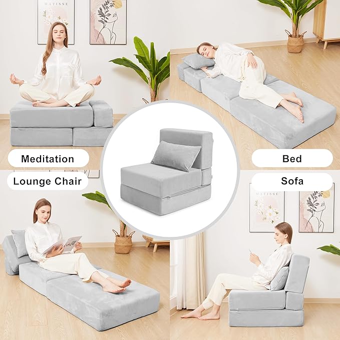 Folding Sofa Bed, Convertible Sleeper Chair with Pillow, Foldable Mattress & Back Support, Portable Floor Lounger Futon for Apartment, Dorm, Living Room, Bedroom, Grey