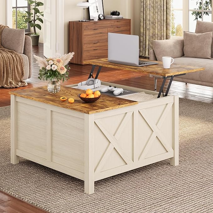 Lift Top Coffee Table with Storage, 31.5" Farmhouse Coffee Tables with Wooden Lift Tabletop and Hidden Compartment Square Center Table for Living Room, Home Office Small Space, White