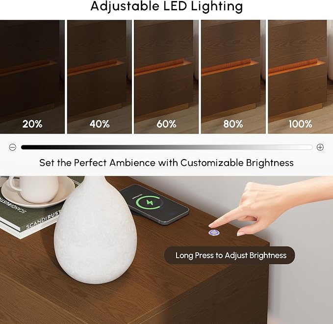 homary Smart Nightstand with Wireless Charging Station, USB & Type-C Ports, LED Light, 2 Drawers – Modern Walnut Bedside Table for Bedroom Storage - Image 5