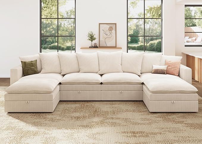HONBAY Modular Sectional Sofa, 137 Inch U Shaped Corduroy Couch with Storage, Convertible Sectional Sofa with Deep Seat, Beige