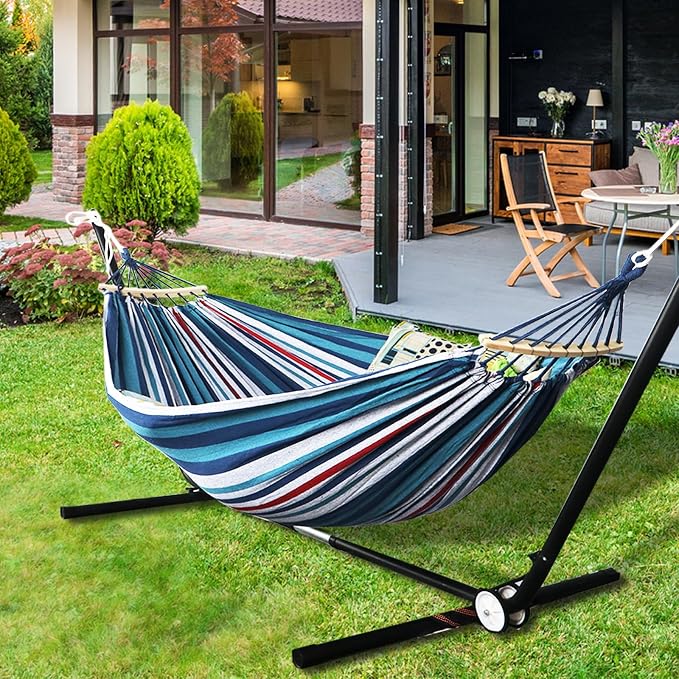 Anyoo Garden Cotton Hammock Comfortable Fabric Hammock with Spreader Bar Sturdy Hammocks Up to 450lbs Portable Lightweight Hammocks with Travel Bag for Camping Outdoor/Indoor Patio Backyard - Image 7