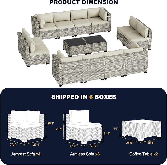 14-Piece Outdoor Patio Furniture Set, PE Wicker Rattan Sectional Sofa Conversation Set with Tempered Glass Table & Thick Cushions - All-Weather Garden, Backyard Furniture, White