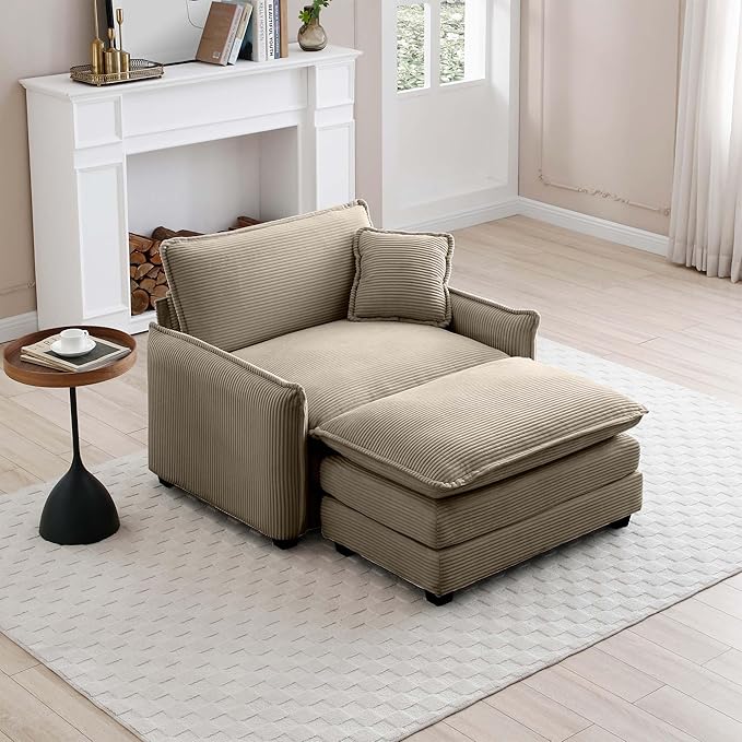 KEIKI 46" Oversized Corduroy Modular Sectional Single Sofa with 1 Ottoman, High-Density Foam Cushions, Removable Armrest, Upholstered 1-Seater Lounge Accent Chair with 1 Pillow, for Living Room, Tan