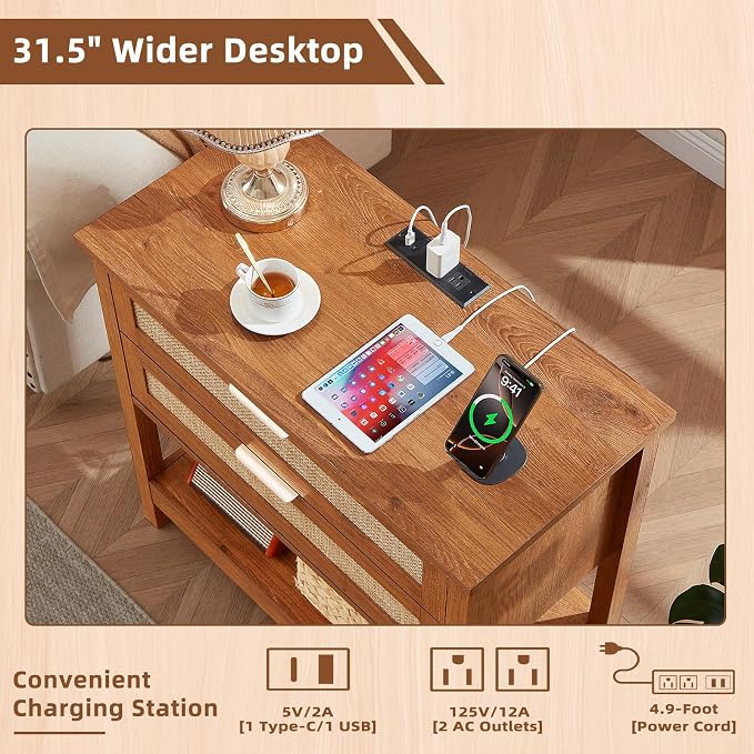 LEYAOYAO 31.5" Wide Rattan Night Stand, Large Boho Nightstand, Bedside Table with Storage, Tall Bed Side End Tables, Chest of Drawers for Bedroom, Living Room, Hallway（Tea,2 Drawers with Charger,2） - Image 3