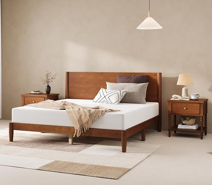 AMERLIFE 3 Piece Bedroom Set Includes Solid Wood King Platform Bed Frame with Headboard and 2 Nightstands with Spindle-Turned Legs, Mid Century Modern Bedroom Furniture, Brown Walnut