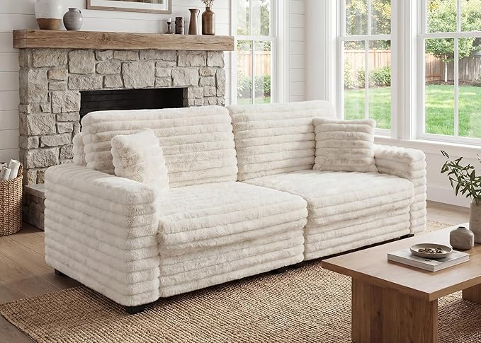 Plush Corduroy Sofa, Faux Fur Corduroy Loveseat, Oversized Deep Seat Sofa with 2 Pillows, Apartment and Small Space Sofas, Beige