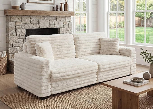 Plush Corduroy Sofa, Faux Fur Corduroy Loveseat, Oversized Deep Seat Sofa with 2 Pillows, Apartment and Small Space Sofas, Beige