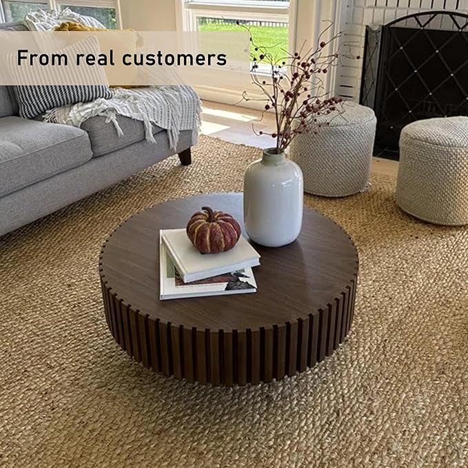31.49" Coffee Table, Round Coffee Table Fluted, Wood Coffee Table for Living Room, Handcrafted Relief Carving, Easy Assembly, Walnut