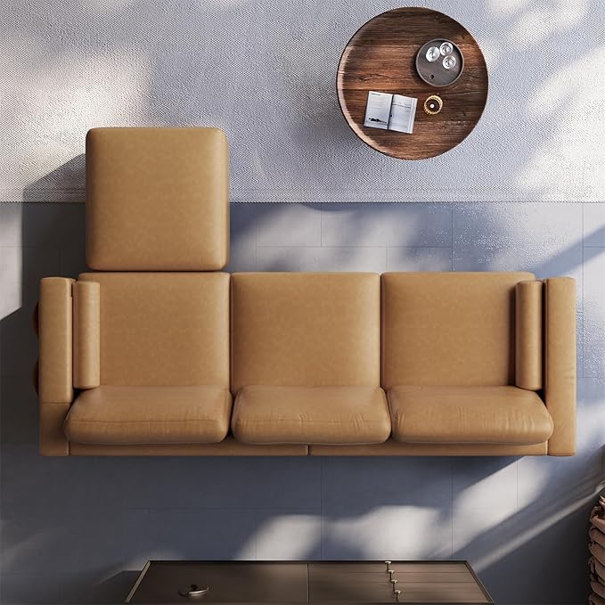 Vesgantti 100" L Shaped PU Leather Sofa with Movable Ottoman, 3 Seater Faux Leather Couch with Side Pocket, Comfy Modern Modular Sectional Couch for Living Room, Apartment, Camel