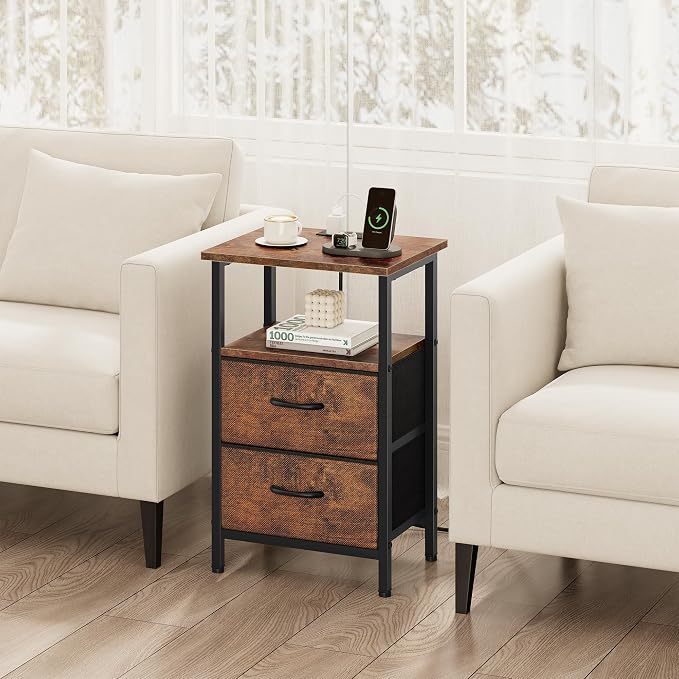 Vagusicc Nightstand Set of 2, Rustic Brown, with Charging Station and USB Ports, Bedside Table with 2 Fabric Drawers, 24.2" Tall Side Table with Storage Shelf,Small Night Stand for Bedroom/Living Room - Image 7