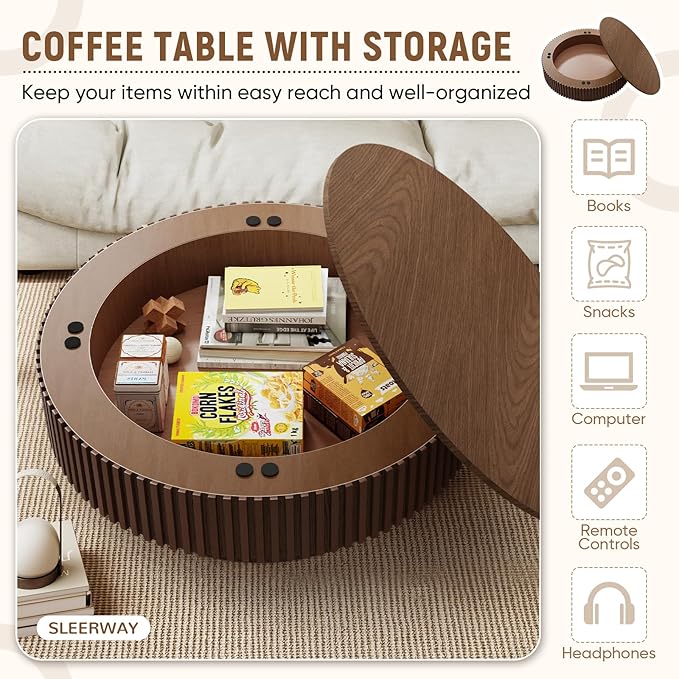 39.37'' Round Coffee Table with Storage, Modern Wooden Fluted Circle Coffee Table Unique Drum Center Table Wood Circular Tea Table for Living Room, Office, Small Apartment, Walnut
