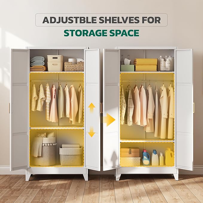 Greenvelly Metal Wardrobe Cabinet, 19" D x 34" W x 71" H Metal Wardrobe Closet with Hanging Rods and Adjustable Shelves,Clothing Storage Closet Cabinet for Bedroom, Cloak Room, Laundry Room (White)