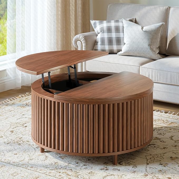 Evermagin 31.5'' Walnut Round Coffee Table, Fluted Lift Top Coffee Table with Large Storage, Mid Century Modern Small Center Table for Living Room