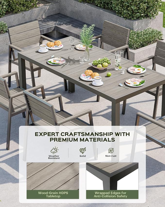 Vexwalx 7-Piece Outdoor Dining Set, Aluminum Dining Table Set for 6, Patio Table and Chairs Set with Umbrella Hole, All Weather HDPS Outdoor Table and Chairs for 6 (Gray) - Image 2