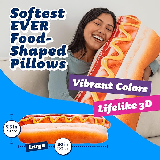 Much Comfort 30" 3D Supreme Hot Dog Throw Pillow - Made with Super Soft & Ultra Premium Fabric - Cute, Comfortable, Plush, Stuffed Body Cushion for Home Decor - Best Funny Gift for Meat Lovers - Large