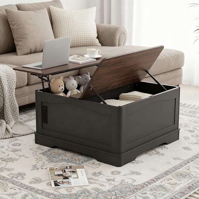 Lift Top Coffee Table with Hidden Storage and Power Outlets, 35.4 Square Center Table Solid Matte Finish, Hidden Storage Coffee Table for Saving Spaces w/ 2AC, 2USB (Weathered Gray, 35.4 inch)