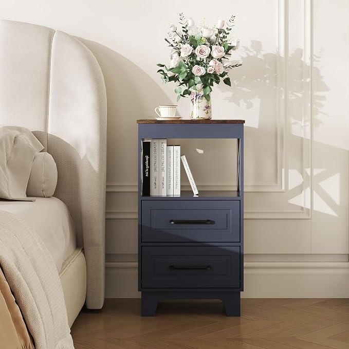 Tall Nightstand Set of 2 Side Table with 2 Drawers Modern Night Stand Wooden Rustic End Table Bedside Table with Upper Open Shelf Solid Feet for Bedroom Navy Blue+Walnut - Image 8