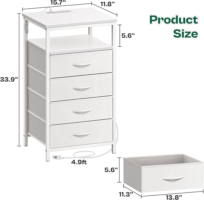 Huuger Night Stand with Charger Station and LED Lights, 4 Drawer Nightstand, Bed Side Table with Open Shelf, End Table, Fabric Dresser for Bedroom, PU Leather, White - Image 3