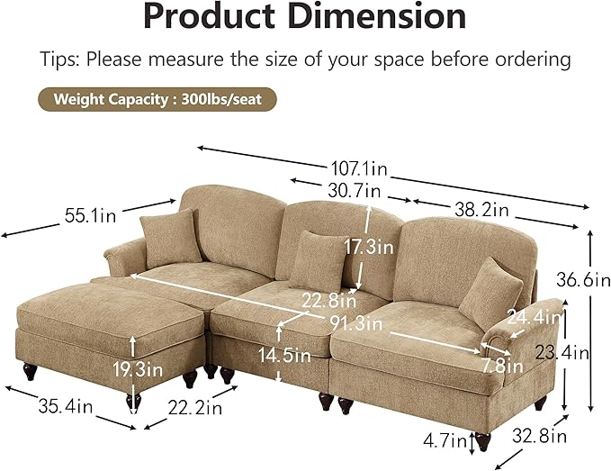 KEIKI Mid Century Modular Sofa with Flared Arms and Skirted Design, 107” Oversized 3-Seater with Ottoman Chenille L-Shaped Sectional Couches for Living Room, Chaise Lounge Indoor, Light Coffee