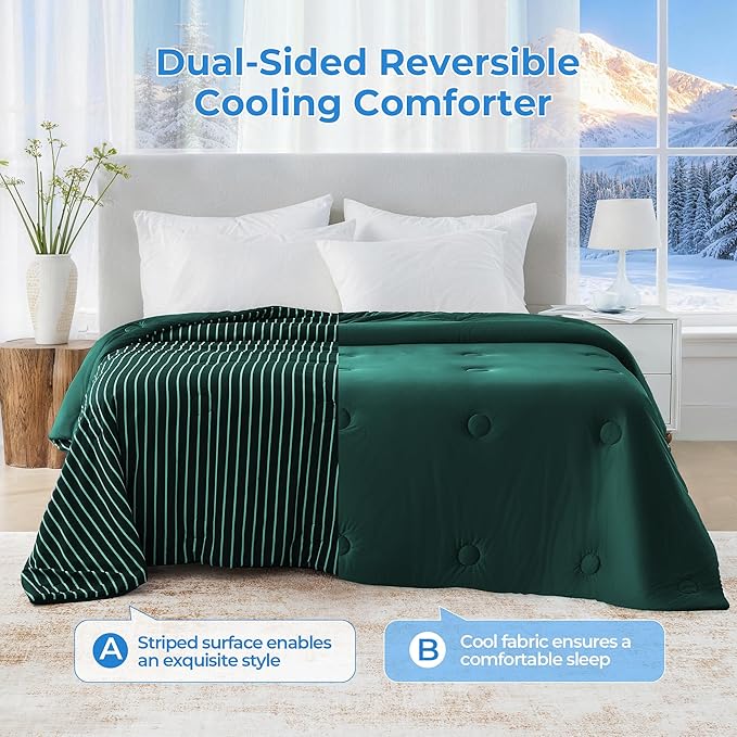 Pinstripe Cooling Comforter Queen Size, Q-Max 0.45 Reversible Striped Cooling Blanket for Hot Sleepers, Breathable Lightweight Silk Smooth Summer Bedding, Quilted Ice Blanket, Emerald Green