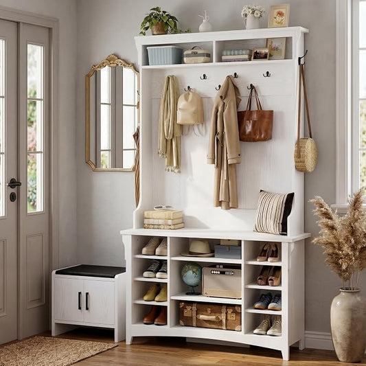 IRONCK Hall Tree with Bench and Shoe Storage, 6-in-1 Entryway Bench with Coat Rack, Adjustable Shelf, Hanging Hooks, 11 Shoe Cubbies, 2-Tier Top Storage, for Entryway, Bedroom, Living Room, White by IRONCK