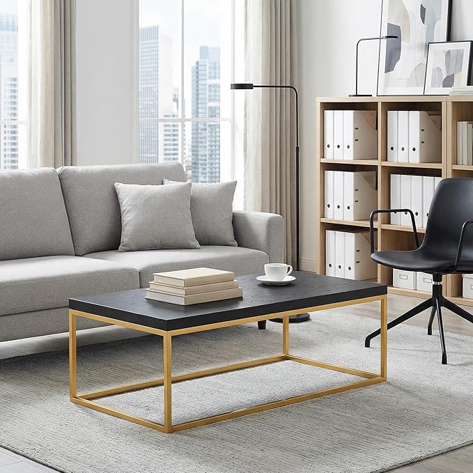 CENSI 47-Inch Black Oak Coffee Table/Center Table for Living Room, Rectangle Modern Industrial Style, Wood and Gold Metal (Black Oak & Gold)