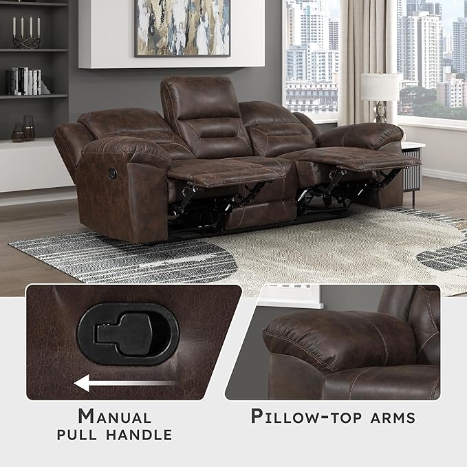 Lexicon Double Recliner Sofa for Living Room, Wall Hugger Manual Reclining Couch Sofa, Textured Microfiber Upholstered Dual Reclining Sofa, Home Theater Seating, Required Assembly, Dark Brown