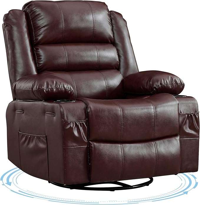 Garvee Rocking Recliner Chair for Adults 360° Swivel Rocker Recliner with Cup Holder Wide Nursery Glider with Upholstered Deep Seat PU Leather Comfy Single Sofa for Living Room Coffee