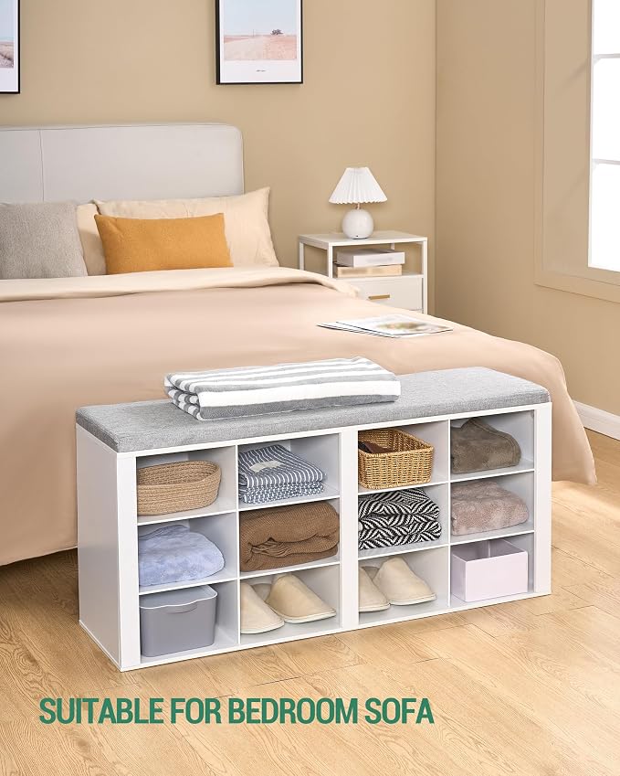 Hzuaneri Shoe Bench with Cushion, Entryway Storage Bench with 12 Cubbies, Cubby Shoe Rack with Adjustable Shelves, Shoe Organizer Cabinet for Living Room, Bedroom, Entryway, White SB19003GY - Image 7