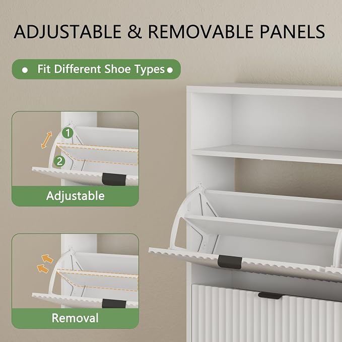 Xixini Shoe Cabinet with 4 Flip Drawers, 46" Tall Narrow Fluted Shoe Storage Organizer for Entryway, Hidden Slim Wooden Shoe Rack Cabinet for Front Door Entrance, Hallway, Living Room, Solid White - Image 3