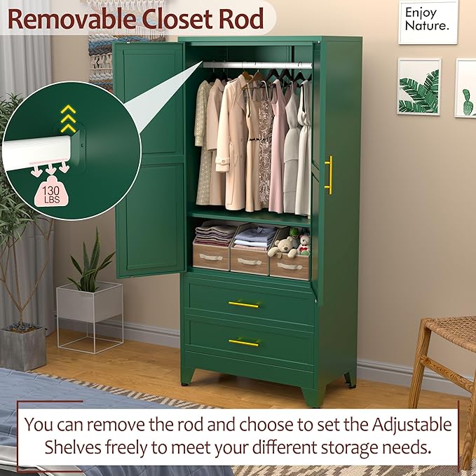 winiowa Metal Armoire Wardrobe Closet with 2 Drawers, 71" Wardrobe Cabinet with Adjustable Shelves and Hanging Rod, Clothing Storage Cabinet Closet for Bedroom-Green