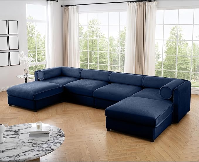KEIKI 143" U-Shaped Modular Chenille Sectional Sofa with Storage Seat, 2 Ottoman, Modern 4-Seater Couch with Cylindrical Backrest and Armrests, Easy Assembly, for Apartment, Living Room, Blue